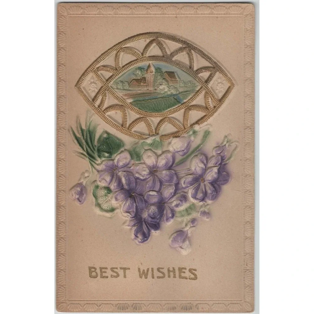 Antique Embossed Postcard Best Wishes Purple Violets Village Church Vignette